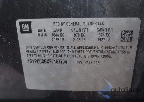 2015 Chevrolet Cruze 1Lt Auto из США, поврежденный, VIN 1G1PC5SBXF7167704